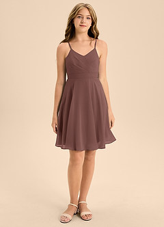 Azazie Avelina Junior Espresso A-Line Pleated Chiffon Dress image4