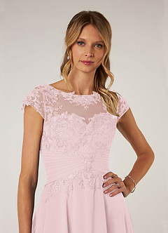Azazie Shonda At-home Try On Dresses Blushing Pink Lace Chiffon Dress image6