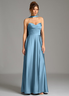 Azazie Ayla Abiti da Damigella Abito A-Line in Raso Elasticizzato Corsetto Blu Acciaio image4