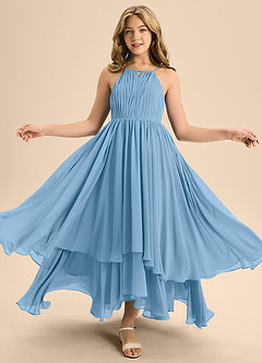 Azazie Elliora Junior Steel Blue A-Line Pleated Chiffon Dress image5