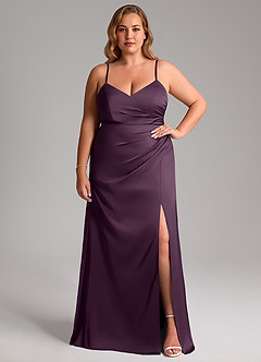 Azazie Azuree Bridesmaid Dresses Plum A-Line Pleated Stretch Satin Dress image3