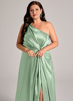 Azazie Brooke Bridesmaid Dresses Matcha A-Line One Shoulder Metallic Satin Dress image13