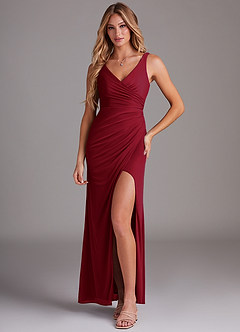 Azazie Leandra Bridesmaid Dresses Burgundy Mermaid V-Neck Pleated Mesh Dress image1