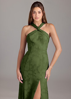 Azazie Rue Bridesmaid Dresses Olive A-Line Pleated Floral Burnout Dress image5