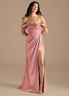 Azazie Lynden At-home Try On Dresses Auburn Sheath Off the Shoulder Metallic Satin Convertible Dress image1