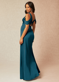 Azazie Rhea vestidos de dama de honor de maternidad Vestido de Corte En A Off The Shoulder Plisado Hasta el suelo Satén Elástico image5