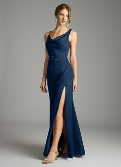 Azazie Samara Robes de demoiselle d'honneur Robe Sirène en Satin extensible Plissée Bleu Marine Foncé image3