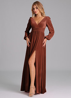 Azazie Norah Bridesmaid Dresses Terracotta A-Line Long Sleeve Velvet Dress image4