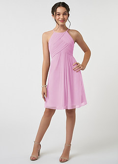 Azazie Ginny Junior Candy Pink A-Line Pleated Chiffon Dress image1