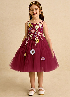 Azazie Osea Flower Girl Dresses Burgundy Ball-Gown Pleated Tulle Dress image4