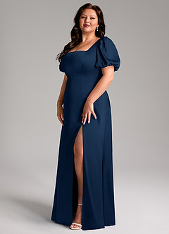 Azazie Fyona Vestidos de damas de honor Vestido de Azul Marino Oscuro de Satén Elástico de Corte en A con Plisado image10