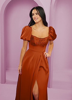 Barbie ♥ Azazie Bridesmaid Dresses Burnt Orange A-Line Ruched Stretch Satin Dress image5