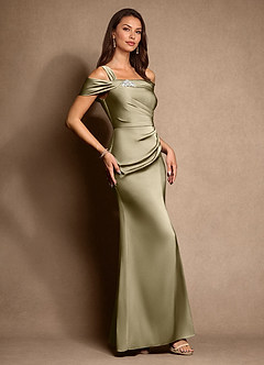 Azazie Altonia Mère de la mariée Robes Robe Sirène en Satin extensible Épaule décolletée Vert Mousse image2