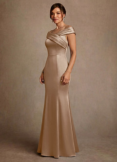 Azazie Aberdeen Mother of the Bride Dresses Taupe Sheath Pleated Stretch Satin Dress image3
