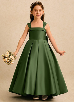 Azazie Genie Flower Girl Dresses Olive Ball-Gown Off the Shoulder Matte Satin Dress image3