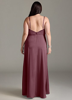 Azazie Brielle Bridesmaid Dresses Sangria A-Line Cowl Spaghetti Straps Stretch Satin Dress image7
