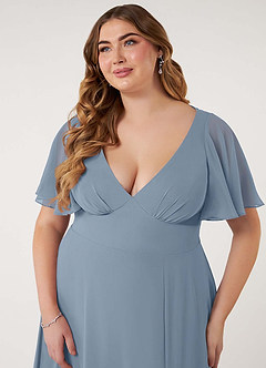 Azazie Kimber Bridesmaid Dresses Dusty Blue A-Line Flounce Sleeve Chiffon Dress image13