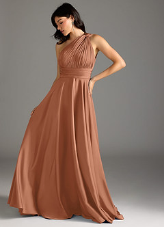 Azazie Charlize Bridesmaid Dresses Bronzer A-Line One Shoulder Stretch Satin Dress image5