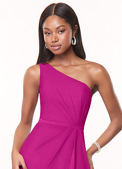 Azazie Liza Vestidos de damas de honor Vestido de Fucsia de Gasa de Corte Sirena con Hombro unilateral image5