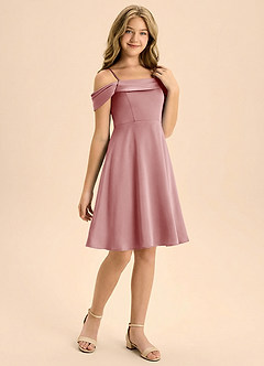 Azazie Anselie Junior Abito A-Line in Raso Elasticizzato Plissettato Rosa Polverosa image6