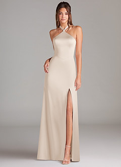 Azazie Elliana Bridesmaid Dresses White Alabaster A-Line Side Slit Stretch Satin Dress image4