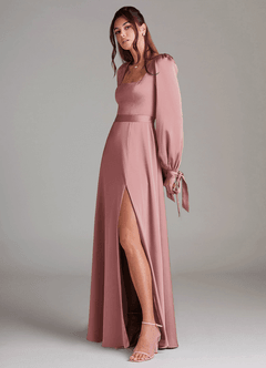 Azazie Leonia Bridesmaid Dresses Dusty Rose A-Line Long Sleeve Stretch Satin Dress image4