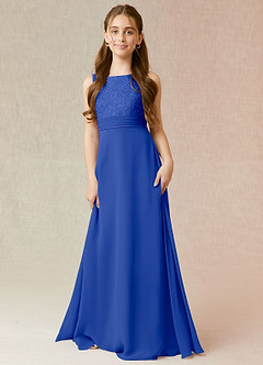 Azazie Snow Junior Robe Trapèze en Mousseline de soie Dentelle Bleu Roi image1