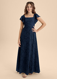 Azazie Bondi Junior Dark Navy A-Line Bow Floral Burnout Dress image4