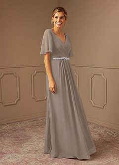 Azazie Tricia Mother of the Bride Dresses Taupe A-Line V-Neck Pleated Chiffon Dress image4