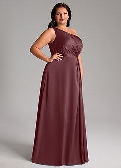 Azazie Brooke Bridesmaid Dresses Sangria A-Line One Shoulder Stretch Satin Dress image10