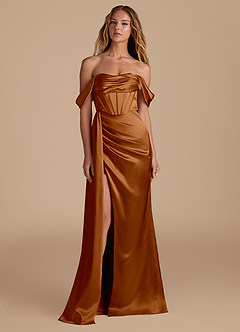 Azazie Amyra Bridesmaid Dresses Copper Mermaid Sweetheart Neckline Metallic Satin Convertible Dress image4