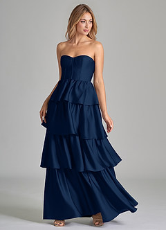 Azazie Faye Vestidos de damas de honor Vestido de Azul Marino Oscuro de Satén Elástico de Corte en A con Volante image6
