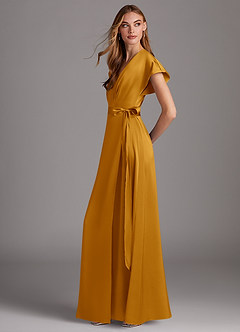 Azazie Nico Bridesmaid Dresses Butterscotch A-Line V-Neck Stretch Satin Dress image2