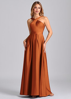 Azazie Dixie 신부 들러리 드레스 A라인 주름진 스트레치 새틴 바닥 길이 드레스 image4