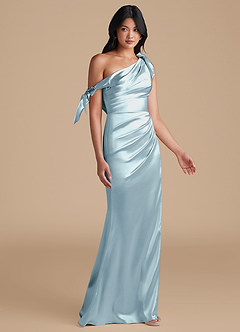 Azazie Xyla Bridesmaid Dresses Sky Blue Sheath Off the Shoulder Metallic Satin Convertible Dress image7