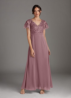 Azazie Singer Mother of the Bride Dresses Dusty Rose A-Line V-Neck Lace Chiffon Dress image1