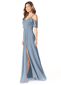 Azazie Dakota Vestidos de damas de honor Vestido de Azul Polvoriento de Gasa de Corte en A con Cuello en V plisado image3