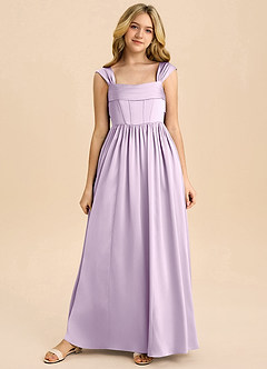 Azazie Hattie Junior Abito A-Line in Raso Elasticizzato Plissettato Lilla Glassato image8
