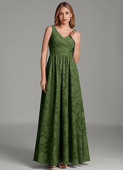 Azazie Keyla Bridesmaid Dresses Olive A-Line Pleated Floral Burnout Dress image5