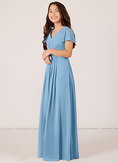 Azazie Peony Junior Robe Trapèze en Mousseline de soie Plissée Acier Bleuté image3