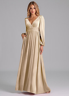Azazie Norah Bridesmaid Dresses Champagne A-Line Long Sleeve Velvet Dress image1