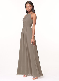 Azazie Bonnie Vestidos de damas de honor Vestido de Gris Pardo de Gasa de Corte en A con Cuello de pico fruncido image3