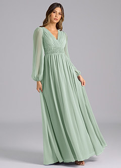 Azazie Palerma Bridesmaid Dresses Agave A-Line Long Sleeve Chiffon Dress image4