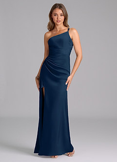Azazie Eren Bridesmaid Dresses Dark Navy Mermaid One Shoulder Stretch Satin Dress image5