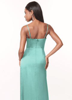 Azazie Maci Bridesmaid Dresses Aqua A-Line V-Neck Pleated Stretch Satin Dress image4