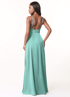 Azazie Brielle Bridesmaid Dresses Aqua A-Line Cowl Spaghetti Straps Stretch Satin Dress image2