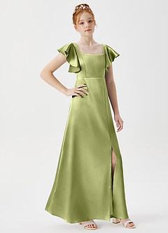 Azazie Bondi Junior Pistachio A-Line Side Slit Metallic Satin Dress image3