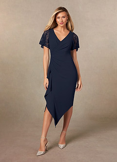 Azazie Eloise Mother of the Bride Dresses Dark Navy Sheath Pleated Stretch Crepe Dress image4