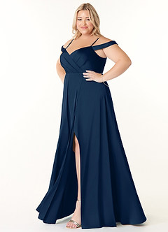 Azazie Ocean Bridesmaid Dresses Dark Navy A-Line V-Neck Pleated Stretch Satin Dress image8