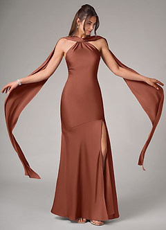 Azazie Kinsley Robes de demoiselle d'honneur Robe Sirène en Satin extensible Fente Latérale Argile image2